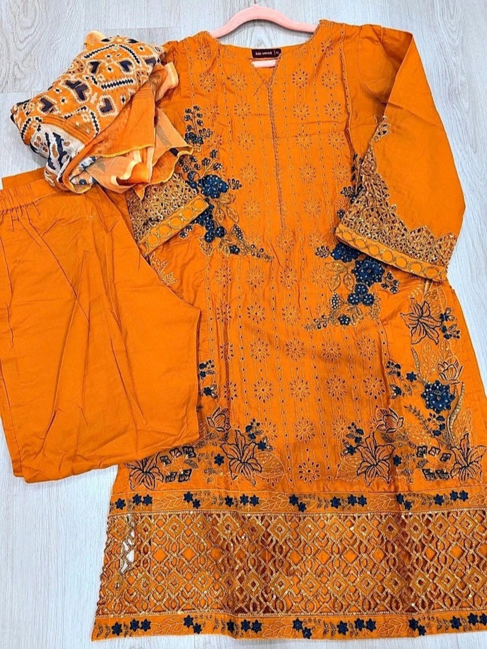 bin saeed Women's Embroidered Kurta Orange & Blue